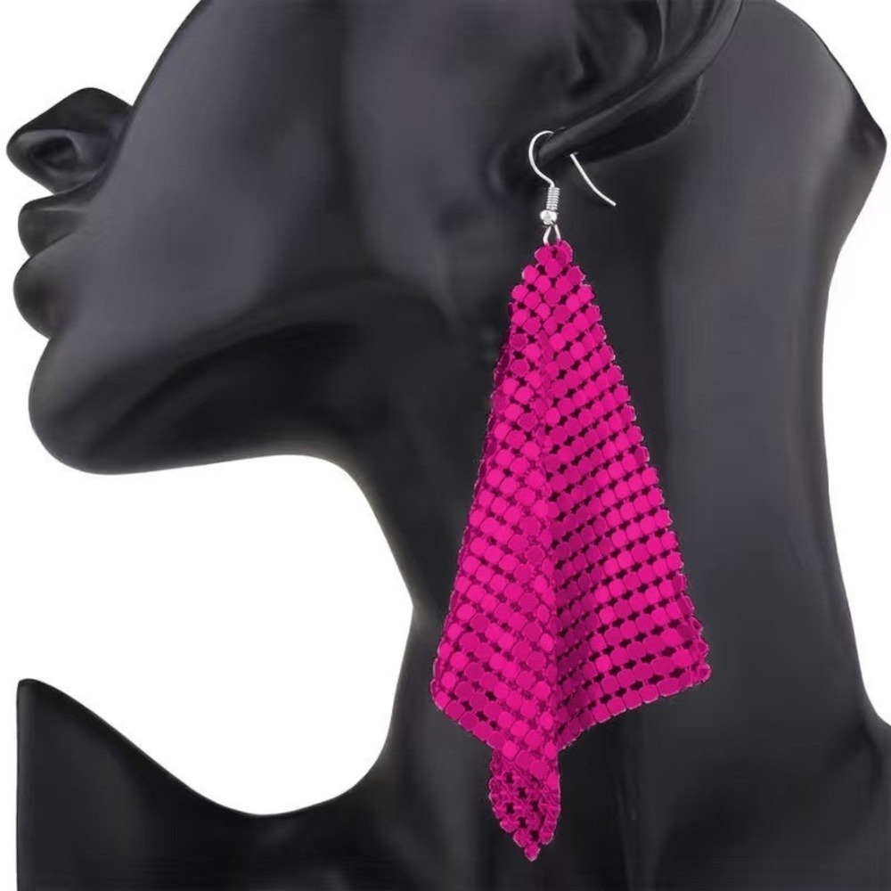 Hot Pink Mesh Chain Tassel Fringe Dangle Earrings Statement Fashion Jewelry